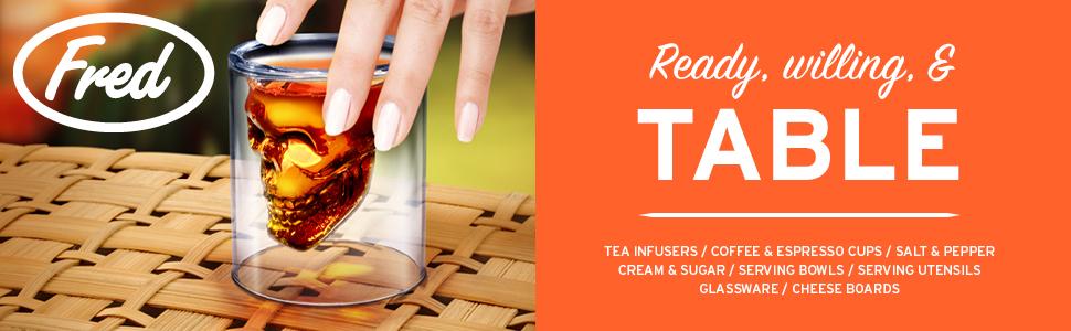 table, fred, fred and friends, kitchen, mugs, gadgets, tea infusers, beer glass, snack bags