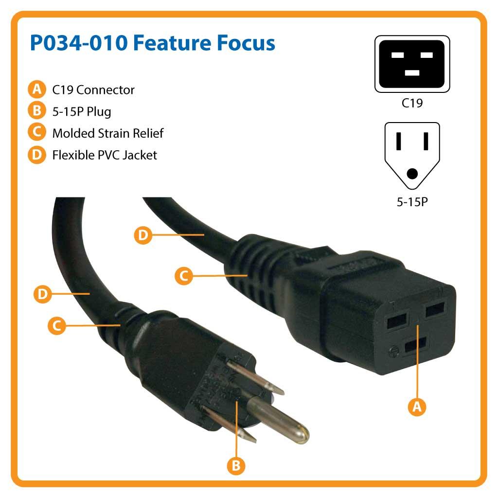 Tripp Lite HeavyDuty Power Cord, 15A, 14AWG (IEC320C19 to NEMA 515P) 10ft.(P034