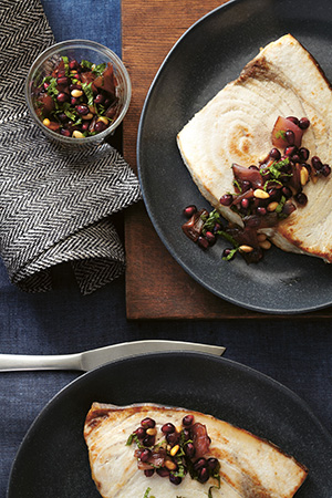 Broiled Swordfish with Pomegranate-Mint Agrodolce
