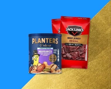 Bag of beef jerky by Jack Link's and a can of Planter's mixed nuts. Up to 45% off snacks.