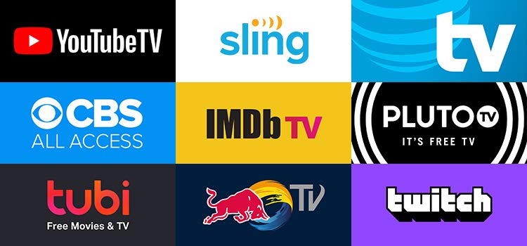 Grid of apps (NBA, Sling TV, AT&T TV, CBS AA, IMDB TV, Pluto TV, Tubi, RedBull TV, Twitch))
