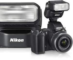 photo of the SB-N7 on the Nikon 1 V2 and a closeup of the flash
