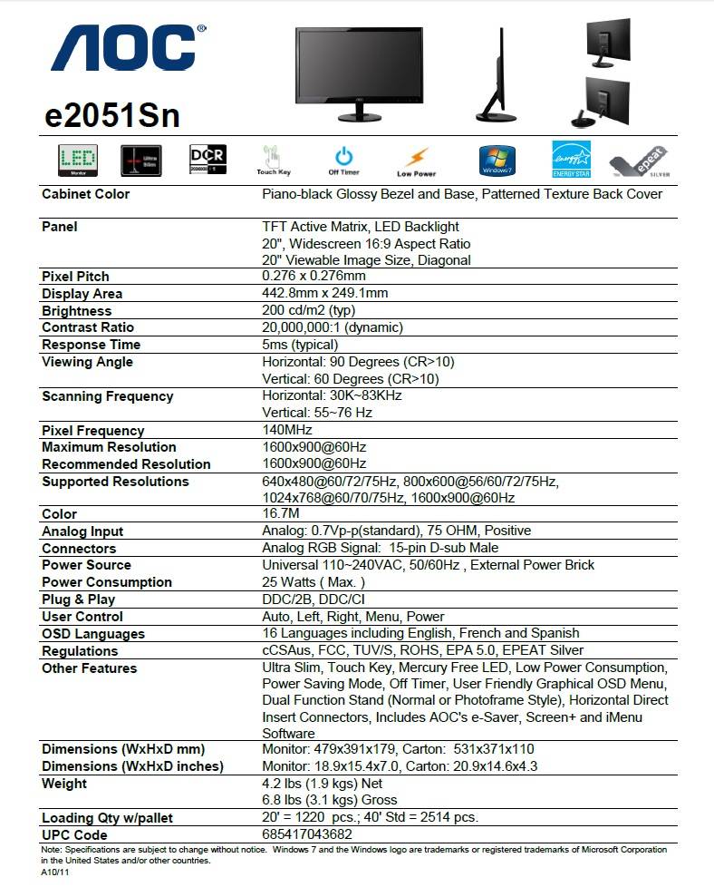 Amazon.com: AOC E2051SN 20 - Inch Widescreen LED Monitor - Black : Electronics