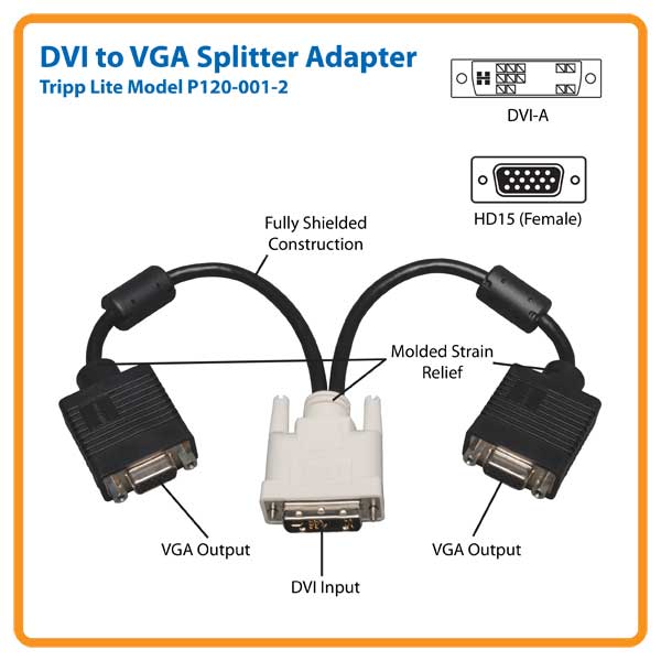 1ft Dvi to 2xvga Splitter Adapter Analog Dvi-M/Hdmi-F