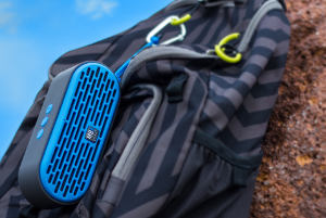 MB Quart QUBThree in Blue clipped to backpack