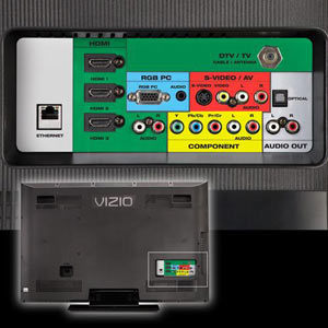 The back panel of the VIZIO SV472XVT 47-Inch LCD HDTV showing available ports and connections