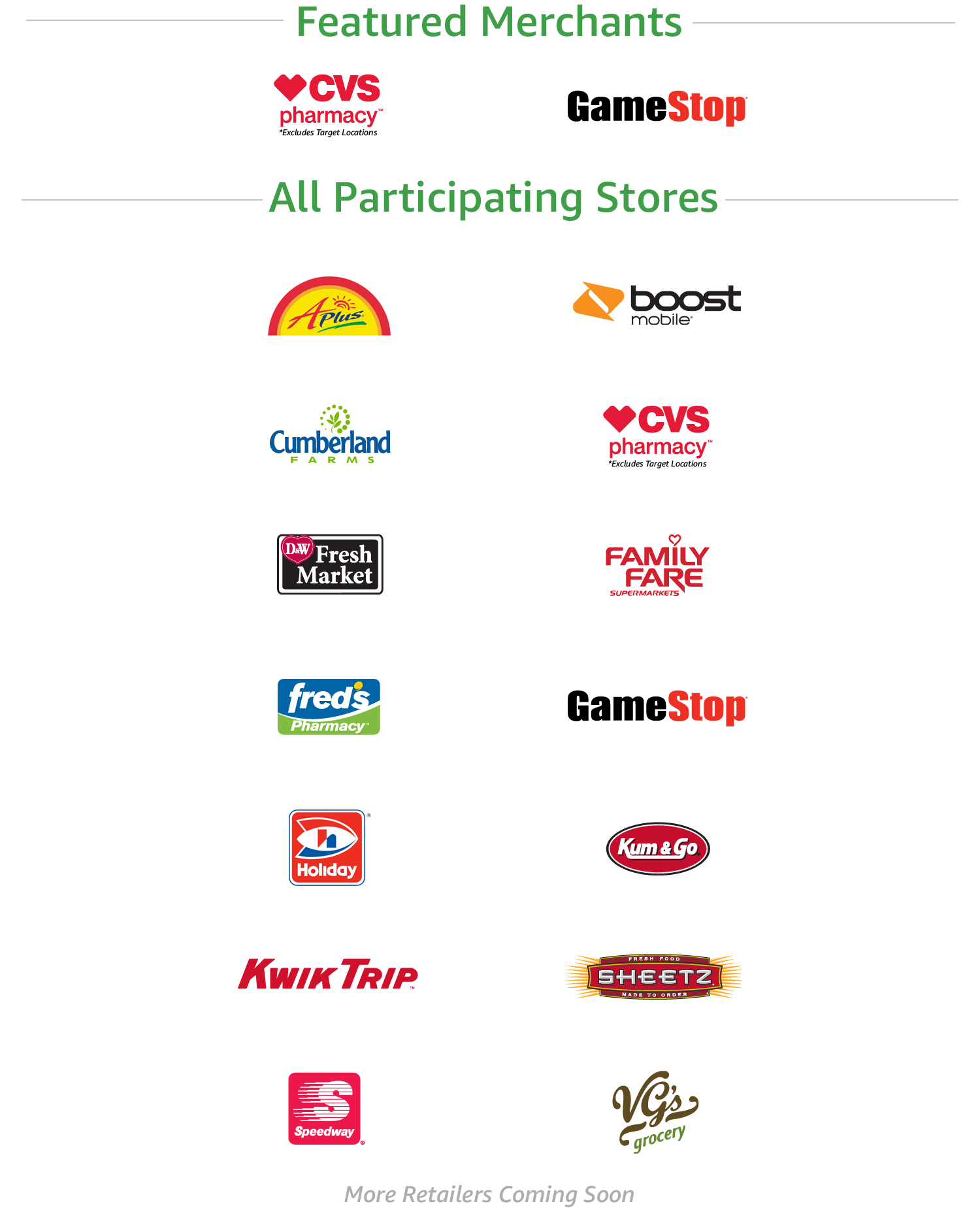 Amazon Cash Participating Stores | APlusCVS pharmacy, GameStop, Cumberland Farms, D&amp;W Fresh Market, Family Fare Supermarkets, Fred's Pharmacy, Holiday, Kum &amp; Go, Kwik Trip, Sheetz, Speedway, VG's grocery | More retailers coming soon