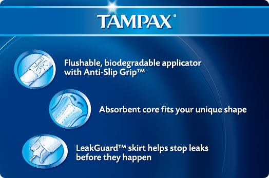 Flushable, biodegradable applicator with Anti-Slip Grip / Absorbent core fits your unique shape / LeakGuard skirt helps stop leaks before they happen