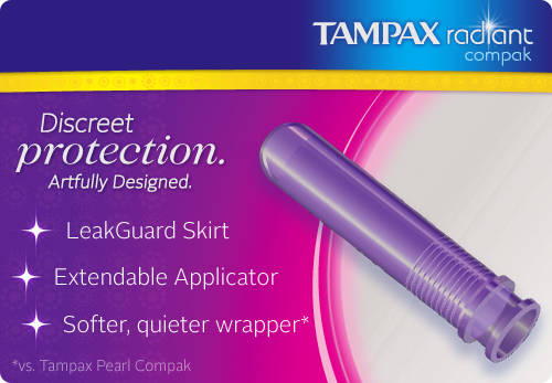 Tampax Radiant Compak - Descreet protection. Artfully Designed - LeakGuard Skirt / Extendable Applicator / Softer, quieter wrapper (vs. Tampax pearl Compak)