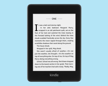 Kindle Paperwhite with screen on atop a blue background