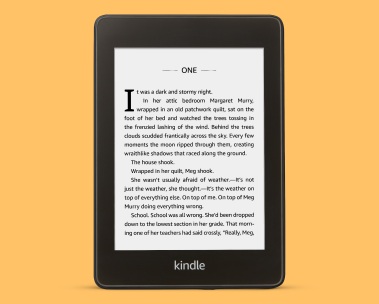 Kindle Paperwhite atop a pink background