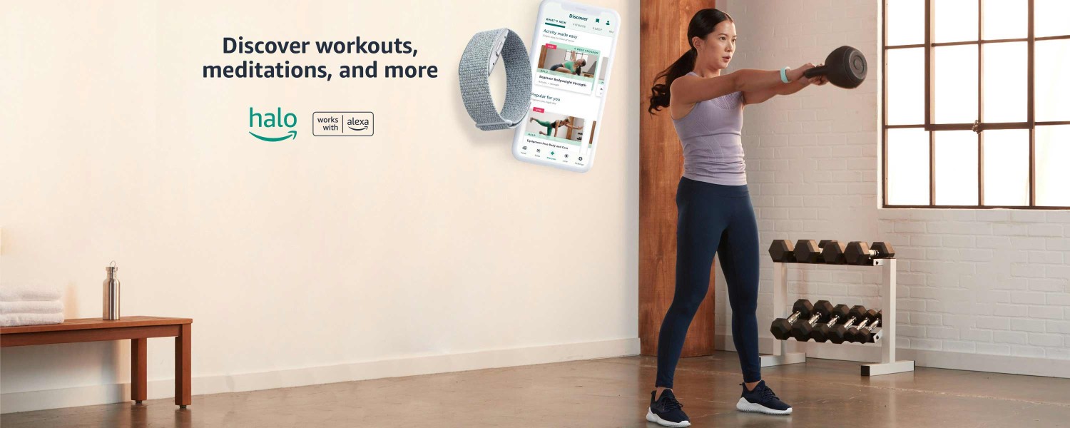 Halo Band and Halo app. Text: Discover workouts, meditations, and more. Halo logo, Works with Alexa.