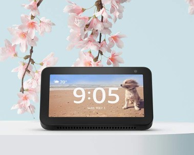 An Echo Show 5 rests atop a white table and flowers in the background