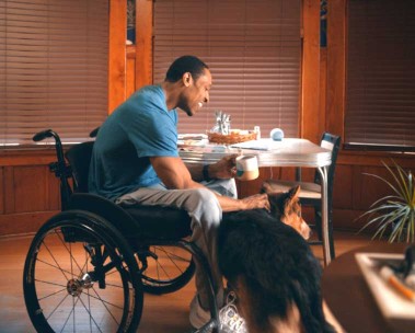 "Alexa, open the blinds." In a kitchen a man in a wheelchair pets his dog