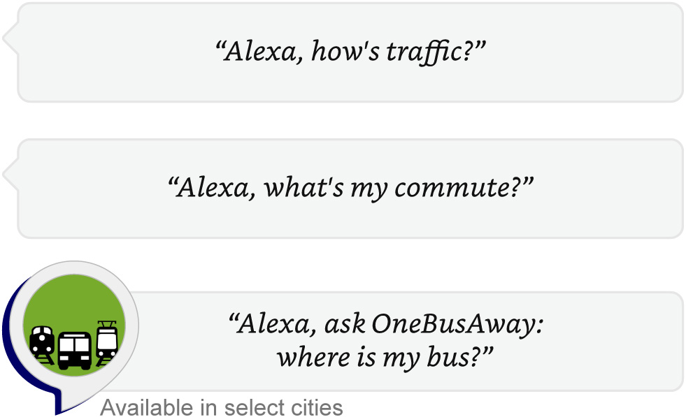 "Alexa, how's traffic?" "Alexa, what's my commute?" "Alexa, ask OneBusAway: where is my bus?" (OneBusAway skill available in select cities)