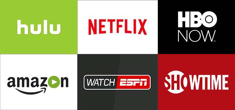 Grid of apps (Hulu, NEtflix, HBO NOW, Amazon Video, WatchESPN, Showtime)