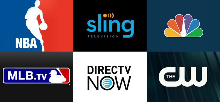 Grid of apps (NBA, Sling TV, NBC News, MLB.TV, DIRECTVNOW, The CW)