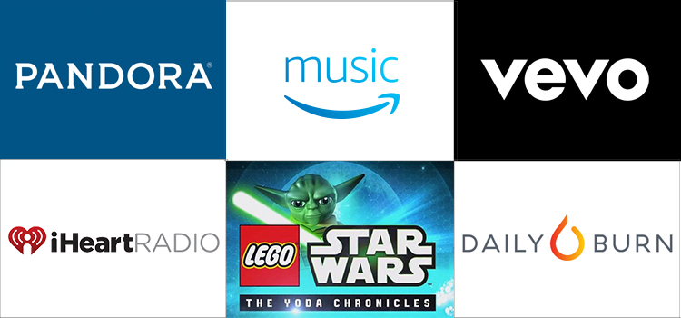 Grid of apps (Pandora, Prime MUsic, Vevo, iHeartRadio, Lego Star Wars, Daily Burn)