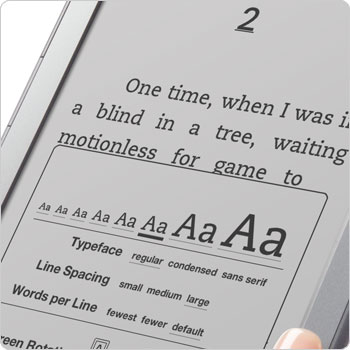 Kindle e-reader showing how to change font size and style. Eight adjustable text sizes and three font styles.