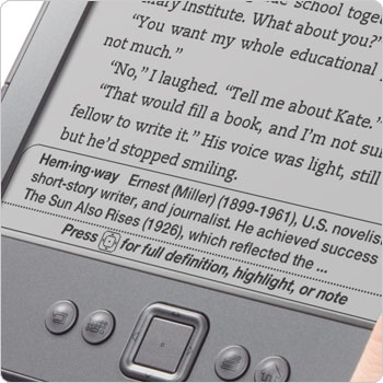 Kindle e-reader showing dictionary. Look up words with built-in dictionary.