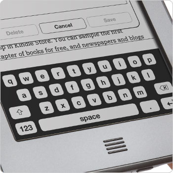 Kindle Touch e-reader showing on-screen keyboard
