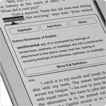 Kindle Touch e-reader showing dictionary. Look up words with built-in dictionary.