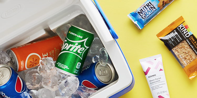 Assortment of snack foods on a yellow background