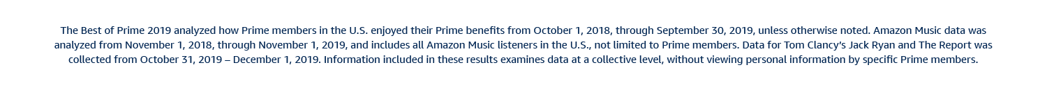 The Best of Prime 2019 analyzed how Prime members in the US enjoyed their benefits from October 1, 2018 through September 30, 2019, unless otherwise noted. Amazon Music data was analyzed from November 1, 2018 thorugh November 1, 2019 and includes all Amazon Music listeners in the US, not limted to Prime members. Data for Tom Clancy's Jack Ryan and The Report was collected from Octover 31, 2019 through December 1, 2019. Information included in these results examines data at a collective level, without viewing personal information by specific Prime members