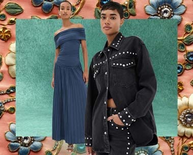 girl in blue dress and girl in black denim outfit