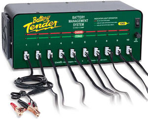 The Deltran Battery Tender 12-volt/2-amp 10-Bank Battery Management System with alligator clips and output cords The Deltran Battery Tender 12-volt/2-amp 10-Bank Battery Management System with alligator clips and output cords