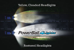 Before and after comparison of headlights treated with Mothers PowerBall 4Lights Headlight Restoration Kit