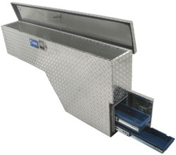 Side view of the UWS FW-55-DS-D 55-inch Driver Side Fenderwell Box with Drawer Slide showing both compartments open