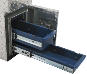 Two of the three sliding drawers of the UWS FW-55-DS-D 55-inch Driver Side Fenderwell Box with Drawer Slide
