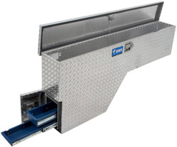 Side view of the UWS FW-55-DS-P 55-inch Passenger Side Fenderwell Box with Drawer Slide showing both compartments open
