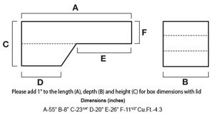 Dimensions of the UWS FW-55-DS-P 55-inch Passenger Side Fenderwell Box with Drawer Slide