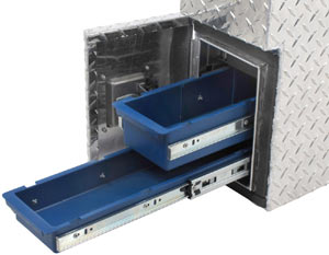 Two of the three sliding drawers of the UWS FW-55-DS-P 55-inch Passenger Side Fenderwell Box with Drawer Slide