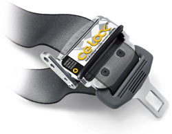 A CG-Lock CG001 Seatbelt Stabilizer installed on a standard vehicle seatbelt