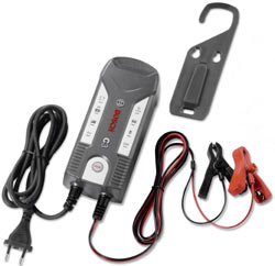 The box contents of the Bosch C3 6V and 12V Fully Automatic 4-Mode Battery Charger and Maintainer