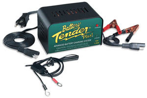 The Deltran Battery Tender Plus 12-volt/1.25-amp Battery Charger True Gel Cell model with alligator clips, loop connectors and cable