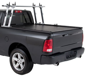 The TracRac 23500 series TracTonneau installed on a truck along with other TracRac elements