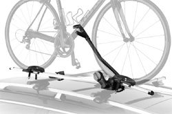 The Thule Criterium Upright Rooftop Bicycle Carrier mounted on a car rack