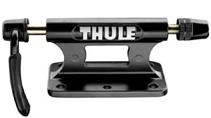A close-up of the Thule 821 Low Rider Bicycle Fork Mount showing the quick-release fork mount skewer