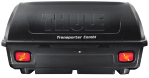 Thule 665C Transporter Combi Hitch-Mount Cargo Box seen from the back showing pre-wired tail lights