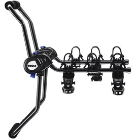 Side view of the Thule Passage 3-Bike Strap Rack showing the cradles and No Sway cages
