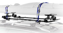 An installed Thule 887XT SlipStream XT Kayak Roof Rack Mount Carrier loaded with a kayak An installed Thule 887XT SlipStream XT Kayak Roof Rack Mount Carrier loaded with a kayak
