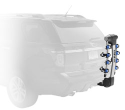 The Thule 9025 Apex four-bike hitch mount carrier unloaded with bike arms down and the vehicle hatchback closed