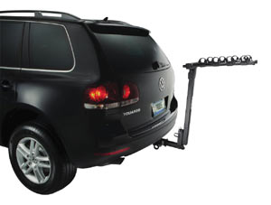An unloaded Parkway 4-Bike Hitch Mount Carrier Rack mounted on the back of a car