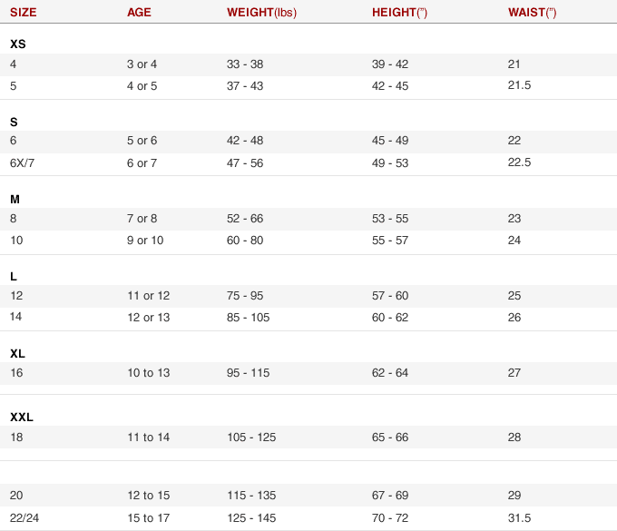 Juniors Size Chart