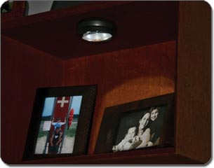Puck lights on shelving