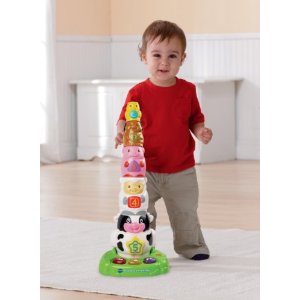 Stacking all of the animals encourages babies to stand